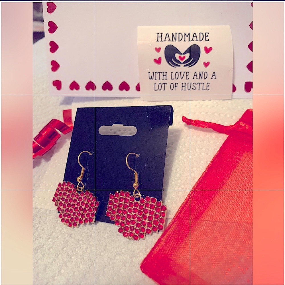 Heart Dangle Earrings Rhinestone Crystal Red Handmade Gift Love Valentines NEW - Picture 11 of 11